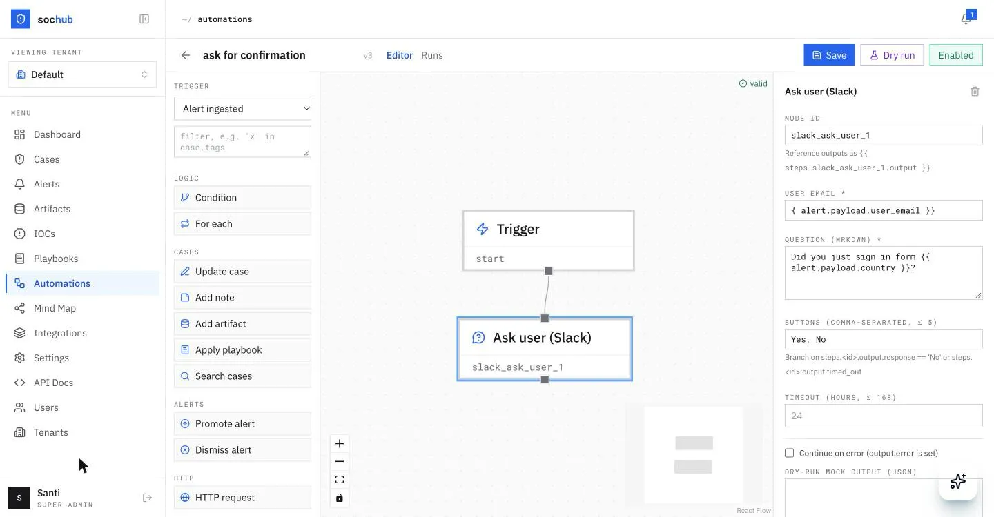 sochub Automations: Typed node inspectors, dry runs and full run history.