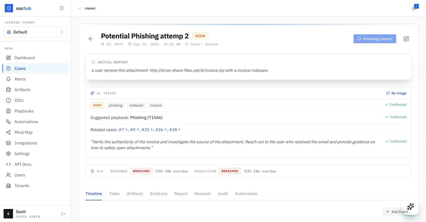 sochub Cases: AI triage, SLA status, follow toggle and @mentions on every case.