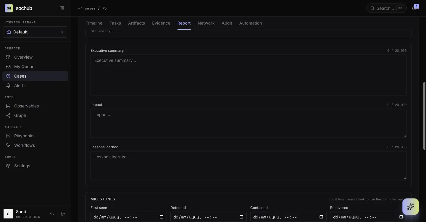 sochub Reports: Detection → containment → recovery timelines, TLP-marked export.