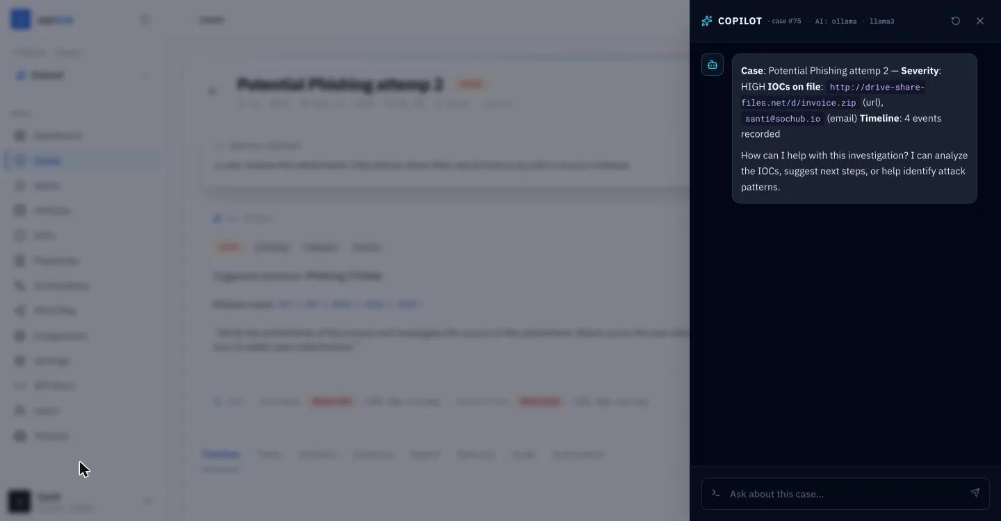 sochub Copilot: Chat about a case; approve or cancel each proposed action.