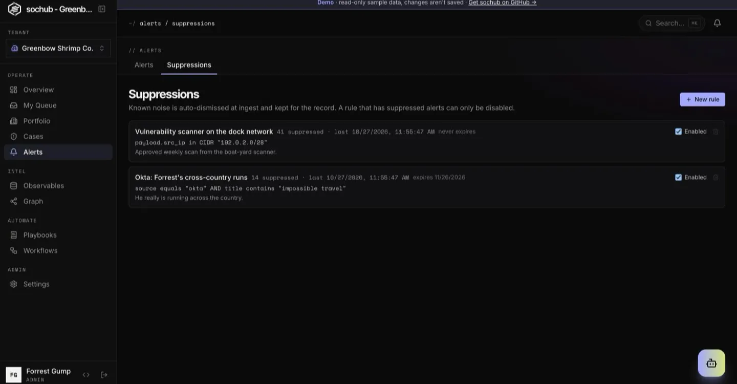 sochub Suppression: Expiring, auditable rules for known noise, with hit counts. A used rule can only be disabled.