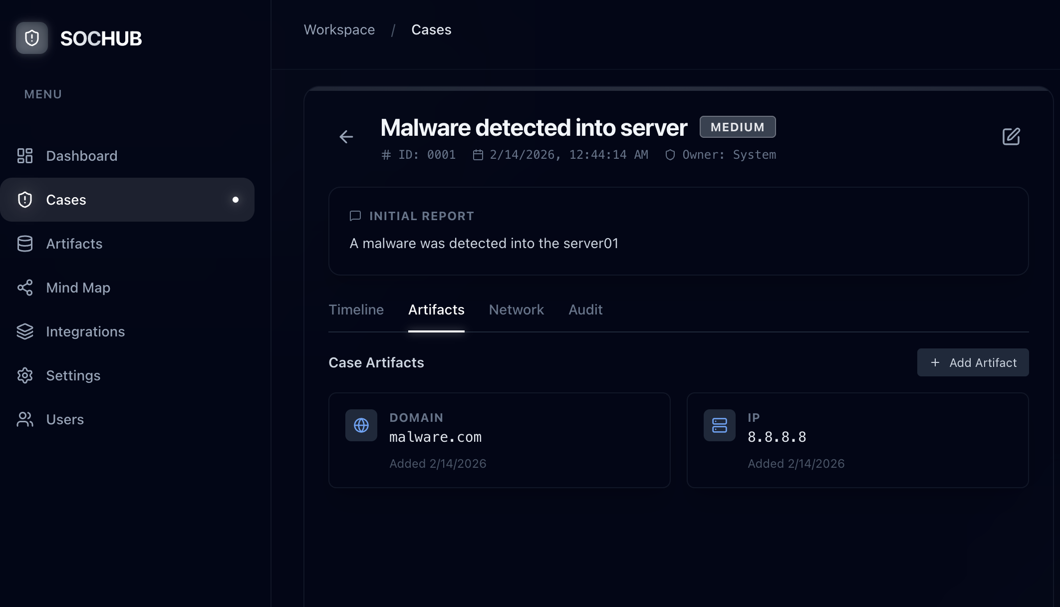 SOCHUB case artifacts view showing tracked domains and IP indicators