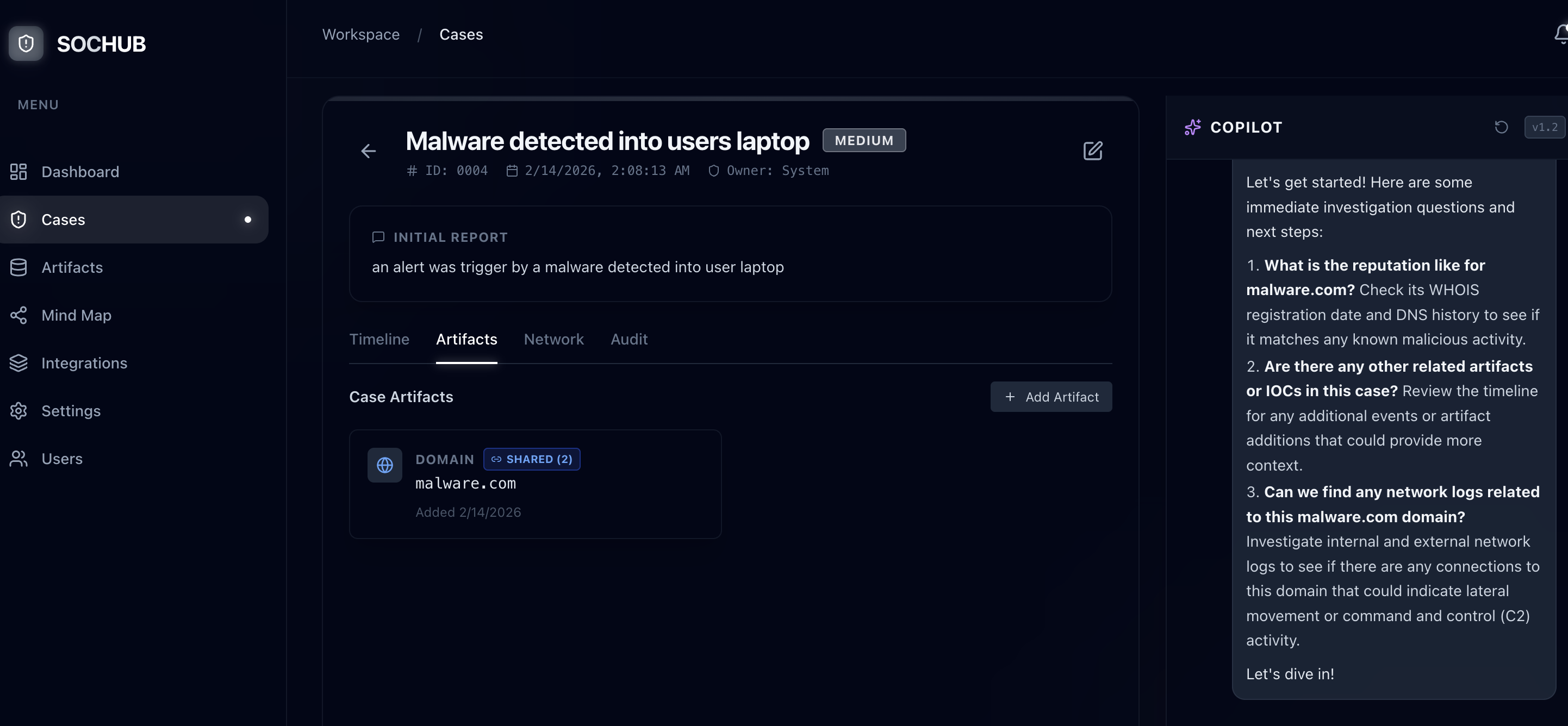SOCHUB AI Copilot providing detailed investigation questions and next steps