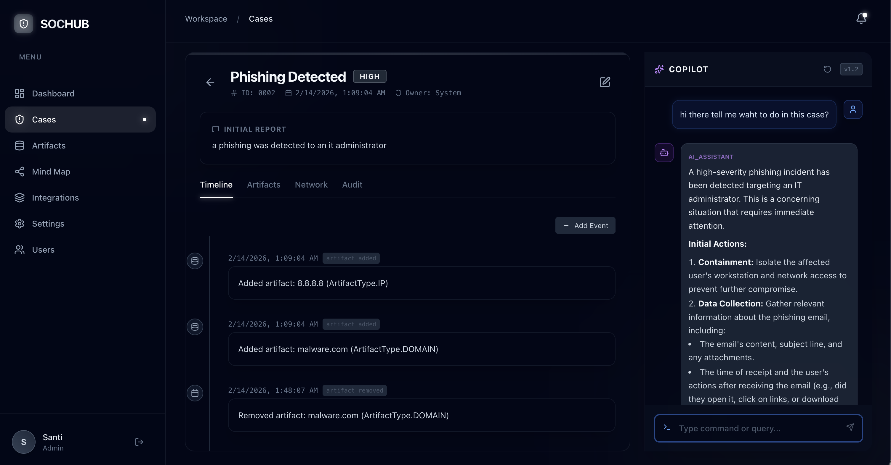 SOCHUB phishing case with event timeline and AI Copilot response recommendations