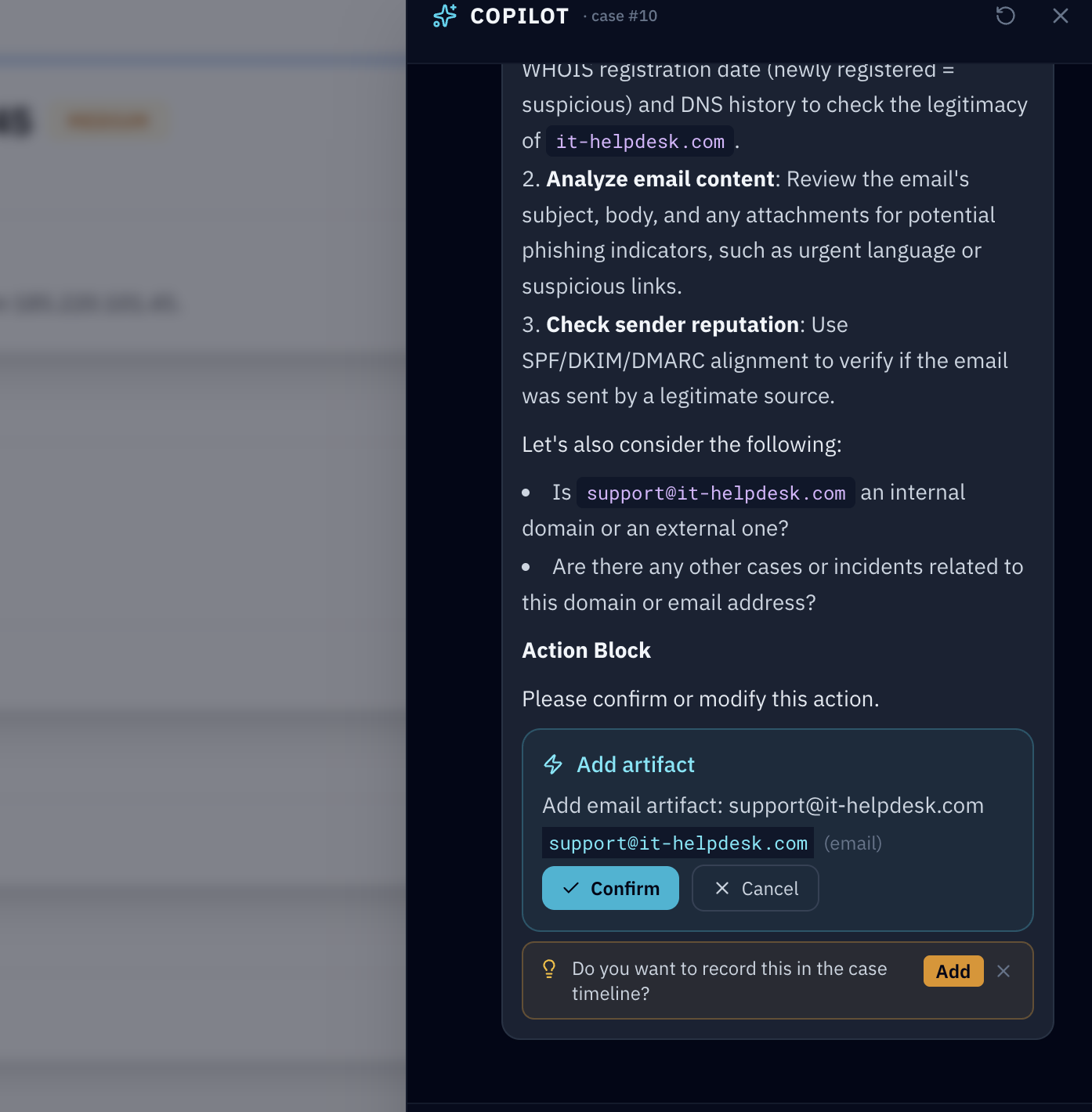 The copilot proposes an action and a proactive suggestion; nothing is written until you confirm